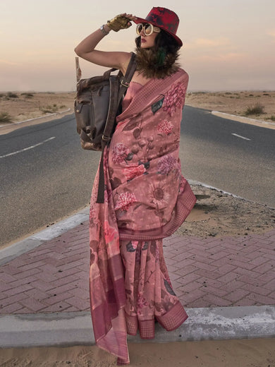 Beloved Pink Printed Linen Wedding Wear Saree With Blouse